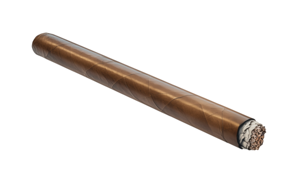 A solitary, brown cigar rests isolated on a white or transparent background