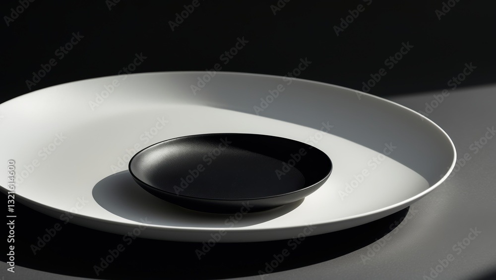 Poster plates and bowls in contrasting colors highlight modern design and simplicity in a minimalist settin
