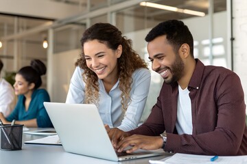 Smiling team professional employees working together on computer discussing online technology data solutions at work. Two young busy diverse coworkers business people using laptop at office meeting