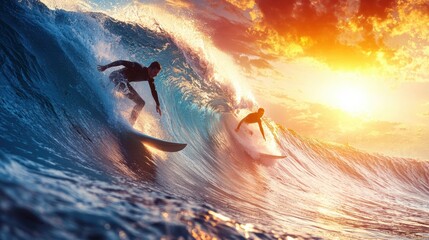 Two surfers ride powerful ocean waves under a vibrant sunset