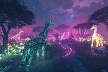 Fototapeta premium A virtual reality zoo where extinct animals roam a glowing digital savanna