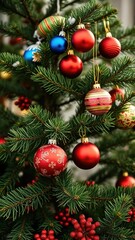 Fototapeta premium Christmas fir tree with colorful ornaments on the branch, evergreen, ornament