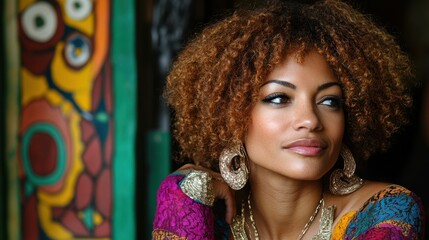 Fototapeta premium Woman with curly hair gazes thoughtfully while wearing colorful attire and large earrings. The background features artistic designs, enhancing the vibrant atmosphere