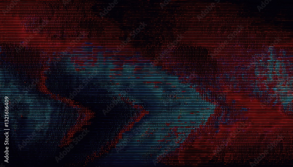 Poster glitched digital distortion with red and blue horizontal noise lines, futuristic cyberpunk aesthetic