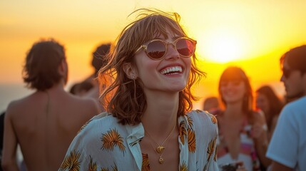 A joyful scene at a beach party during sunset, featuring a smiling woman in sunglasses, capturing the essence of summer fun and relaxation.