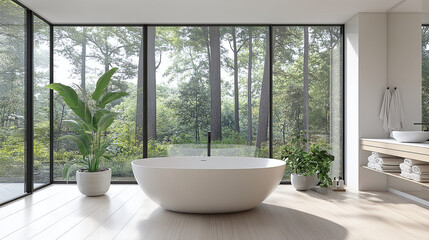 Fototapeta premium Modern bathroom with nature views. White freestanding tub and minimalist design create a relaxing, spa-like experience. Natural light fills the room.