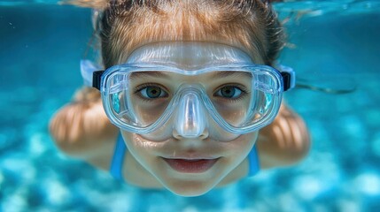 Naklejka premium A child swims underwater, wearing clear goggles and smiling. The bright blue water reflects sunlight, creating a vibrant atmosphere for exploration and fun during summer