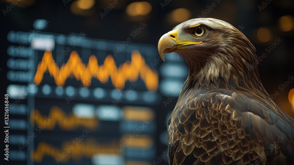 Poster A majestic eagle is positioned prominently in front of a digital display showing fluctuating financial data, indicating market trends and analytics. The eagle's sharp gaze is captivating.