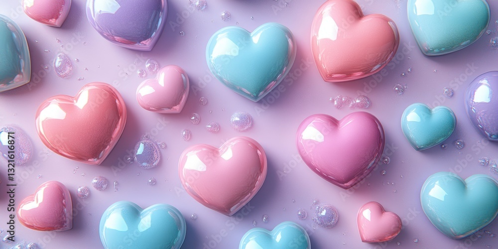 Poster colorful and shiny heart-shaped objects floating on a soft background with bubbles