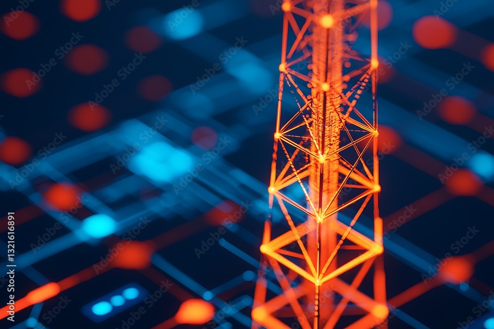 Poster a digital representation of a communication tower, highlighted in vibrant colors, set against a dark