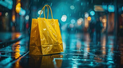 Yellow shopping bag on wet city street at night, rain