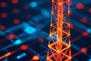 A digital representation of a communication tower, highlighted in vibrant colors, set against a dark background with a network-like pattern.