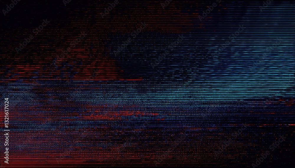 Aufkleber glitched digital distortion with red and blue horizontal noise lines, futuristic cyberpunk aesthetic