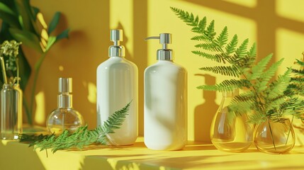 Professional image of two white pump bottles without labels placed in the center