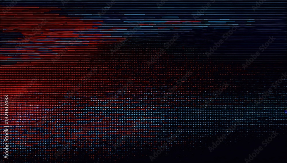 Poster glitched digital distortion with red and blue horizontal noise lines, futuristic cyberpunk aesthetic