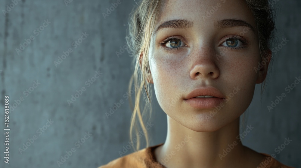 Aufkleber a clear image of a young woman's face with distinct freckles, suitable for use in portraits or stori