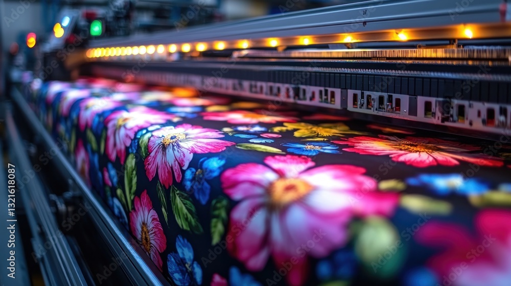 Poster automated printing of a floral pattern on fabric with modern technology