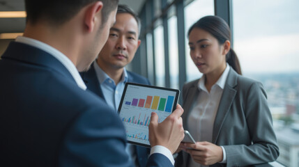 Business professionals discussing data analysis in modern office