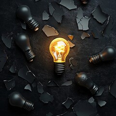 Creative Concept: Broken Light Bulbs Symbolizing Failed Ideas and One Glowing Bulb Representing Innovation