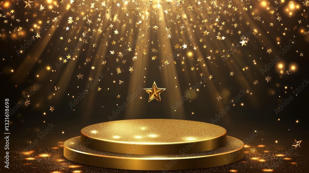 Poster golden podium with shining stars for awards ceremony background. possible use presentation backgroun