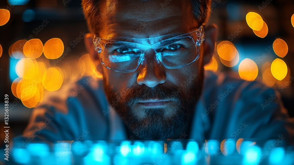 Poster A researcher intently examines quantum experiments involving qubits, focusing on principles like superposition and entanglement while surrounded by equipment and glowing lights.