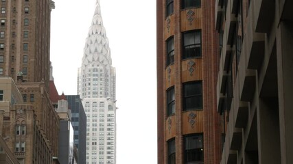 New York City Manhattan Midtown architecture. Chrysler building on 42 street, iconic high-rise skyscraper in USA. American urban cityscape, famous NYC tower, United States. Lex Lexington avenue