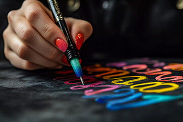 Creative hand drawing colorful lettering on dark background during art session in a cozy studio