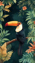Artistic Toucan Illustration Framed by Tropical Foliage in Vibrant Jungle Setting