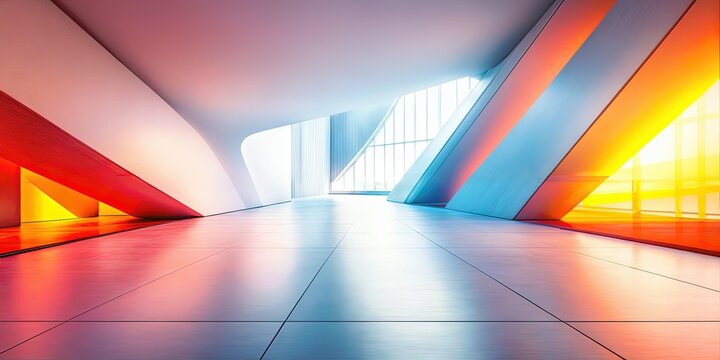 Futuristic modern architectural corridor with geometric shapes, curved walls, bright colorful lighting, white red orange blue color scheme, glossy smooth surfaces, dynamic abstract interior, depth per