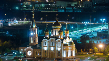 Obraz premium St. Nicholas Cathedral of the city of Aktobe at night timelapse