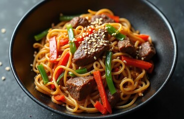 Stir fry noodles with beef and veggies served in black bowl on dark slate. Traditional asian cuisine, stir-fried delicious meal sprinkled with sesame seeds. Close-up, top view.