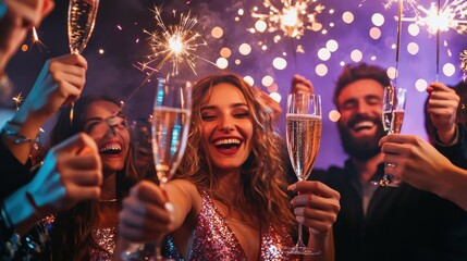 Joyful celebration with friends toasting with champagne amid sparklers, capturing a festive mood and vibrant atmosphere. Perfect for holiday, party, or new year themes.