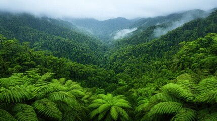 Lush green rainforest with misty hills and vibrant ferns, showcasing the serene beauty of untouched nature. Ideal for environmental and travel themes.