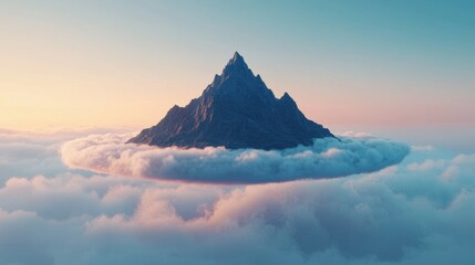 Majestic mountain peak rises through clouds, bathed in gentle sunlight. A serene and ethereal landscape, creating a dreamy atmosphere high above the world.