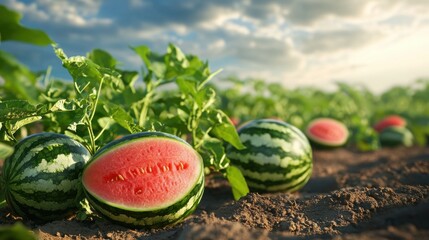 Lush watermelon field with ripe watermelons and vibrant green leaves under a bright sky, capturing the freshness and abundance of nature during a sunny day.