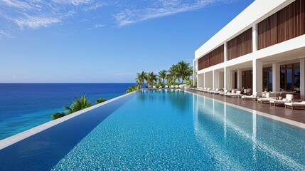 Luxury oceanside resort featuring an infinity pool overlooking vast blue waters, palm trees, and modern architecture under a clear sky, perfect for a tropical getaway.