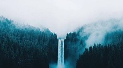 Majestic waterfall cascading into a serene forest, surrounded by mist and lush greenery. A tranquil scene capturing the beauty of nature and the environment.
