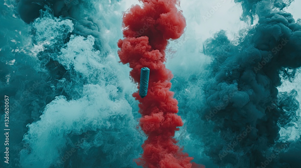 Poster red and teal ink explosion; underwater object falling; abstract background; artistic image