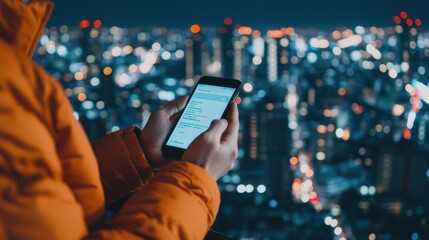 Person in an orange jacket using a smartphone, standing on rooftop overlooking a vibrant city skyline at night captured with bokeh lighting, representing urban life and technology