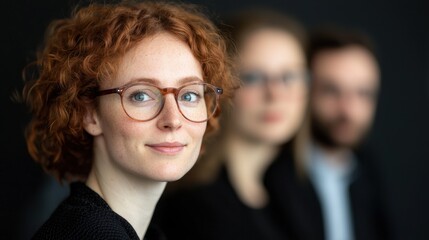 Portrait of a confident businesswoman with glasses in focus, with colleagues blurred in the background, exuding professionalism and teamwork.