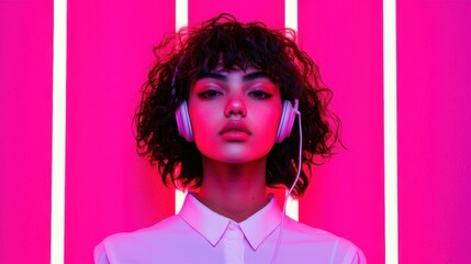 Portrait of a person wearing headphones with vibrant pink neon lights in the background, creating a modern and immersive atmosphere. Perfect for music and tech-related themes.