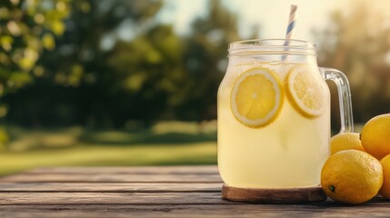 Refreshing glass of lemonade with slices on a wooden table, sunlit background. Perfect for summer days and outdoor gatherings.