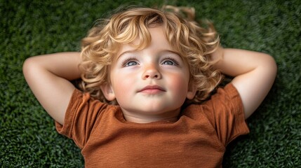 A child with curly blonde hair lies comfortably on green grass, gazing thoughtfully up at the sky. The sun illuminates their peaceful expression in a serene outdoor setting