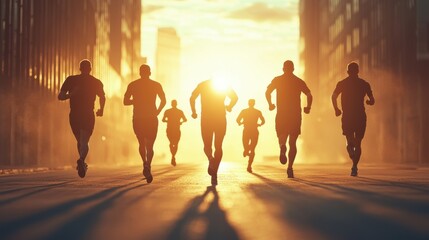 Runners are silhouetted against a vibrant sunrise, showcasing the dedication and energy of early morning fitness enthusiasts in an urban environment.