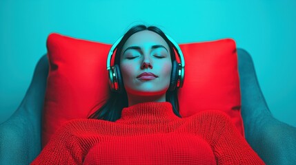 Relaxed woman enjoying music with headphones, lying on a couch with eyes closed, bathed in calming blue and red light. A moment of peace and solitude in a cozy setting.