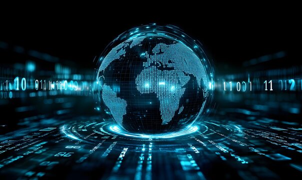 a digital rendering of a globe with binary code and glowing lines.