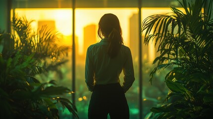 Silhouette of a person looking out a large window framed by lush plants, with a city skyline glowing in sunset hues, exuding a sense of reflection and serenity.