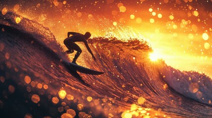 Silhouette of a surfer riding a wave during a mesmerizing sunset, with golden hues reflecting off the water, creating a dynamic and serene scene.