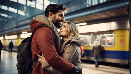Joyful reunion – young couple warmly hugging at the station