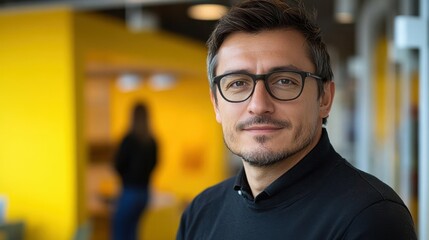 Fototapeta premium A man with glasses showcases a confident expression in a contemporary office, highlighted by a bright yellow wall. A silhouette in the background adds depth to the setting